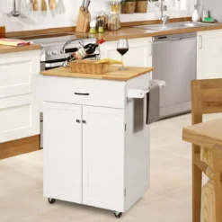 Servierwagen Küchenwagen mit Massiver Arbeitsplatte 82 x 48 x 91 cm Weiß