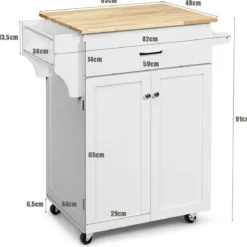Servierwagen Küchenwagen mit Massiver Arbeitsplatte 82 x 48 x 91 cm Weiß