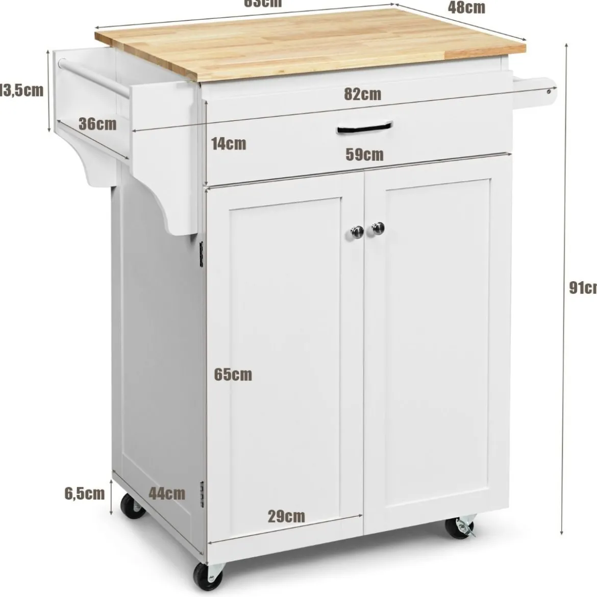 Servierwagen Küchenwagen mit Massiver Arbeitsplatte 82 x 48 x 91 cm Weiß