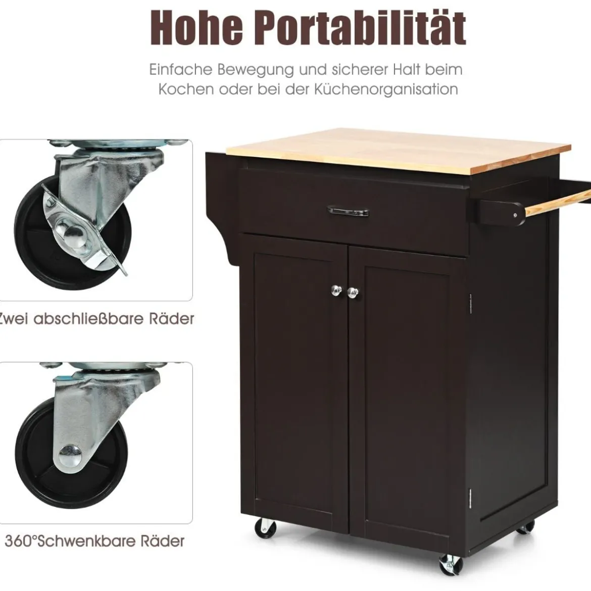 Servierwagen Küchenwagen mit Massiver Arbeitsplatte 82 x 48 x 91 cm Braun