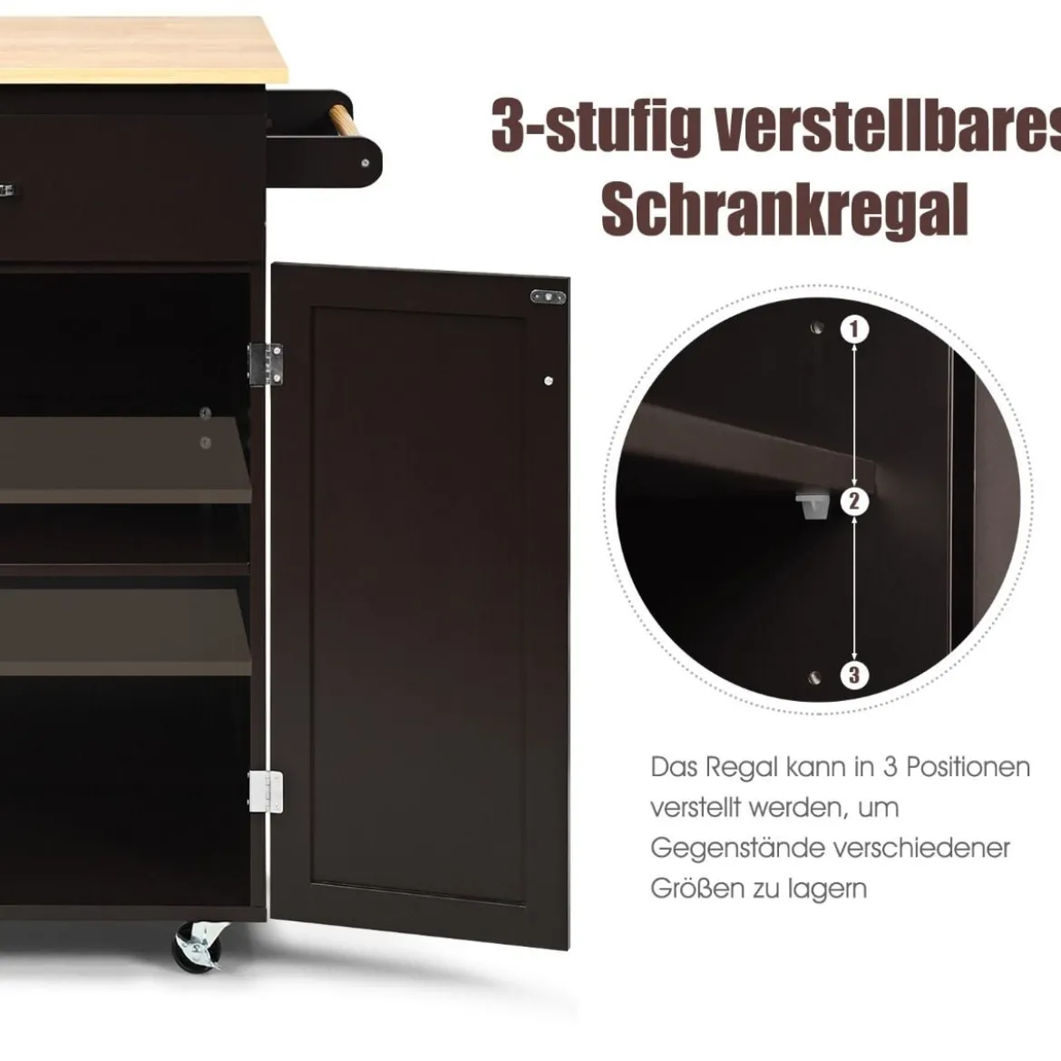 Servierwagen Küchenwagen mit Massiver Arbeitsplatte 82 x 48 x 91 cm Braun