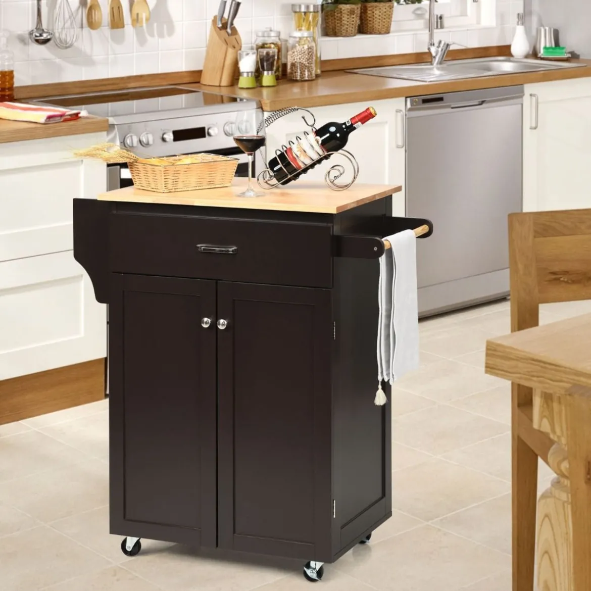 Servierwagen Küchenwagen mit Massiver Arbeitsplatte 82 x 48 x 91 cm Braun