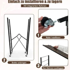 Servierwagen klappbar 4 Ebenen Küchenwagen mit abnehmbaren Rädern 76 x 36 x 122 cm Schwarz + Rustikales Braun