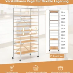 Servierwagen klappbar 5 Ebenen Küchenwagen mit abnehmbaren Rädern Natur 76 x 36 x 153 cm
