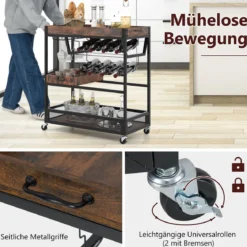 Servierwagen mit abnehmbarem Tablett Küchenwagen 3 Ebenen Rollwagen mit Glashalter und Weinregal Vintage Braun
