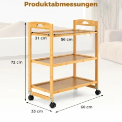 Servierwagen mit 3 Ebenen Küchenwagen aus Bambus mit Universalrollen Griff Natur 60 x 33 x 72 cm