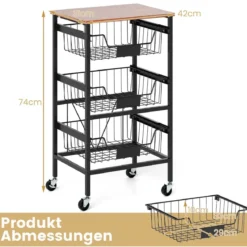 Servierwagen mit Rollen Gemüseregal mit ausziehbaren Körben Rollwagen mit 4 Etagen 42 x 31 x 74 cm