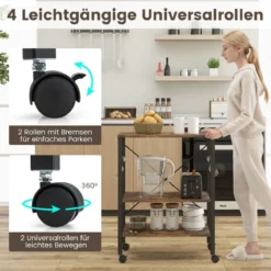 Servierwagen mit Rollen & Verstellbaren Ablagen & 10 Haken 3 Ebenen Küchenwagen Braun + Schwarz