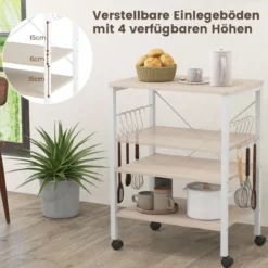 Servierwagen mit Rollen & Verstellbaren Ablagen & 10 Haken 3 Ebenen Küchenwagen Braun + Weiß