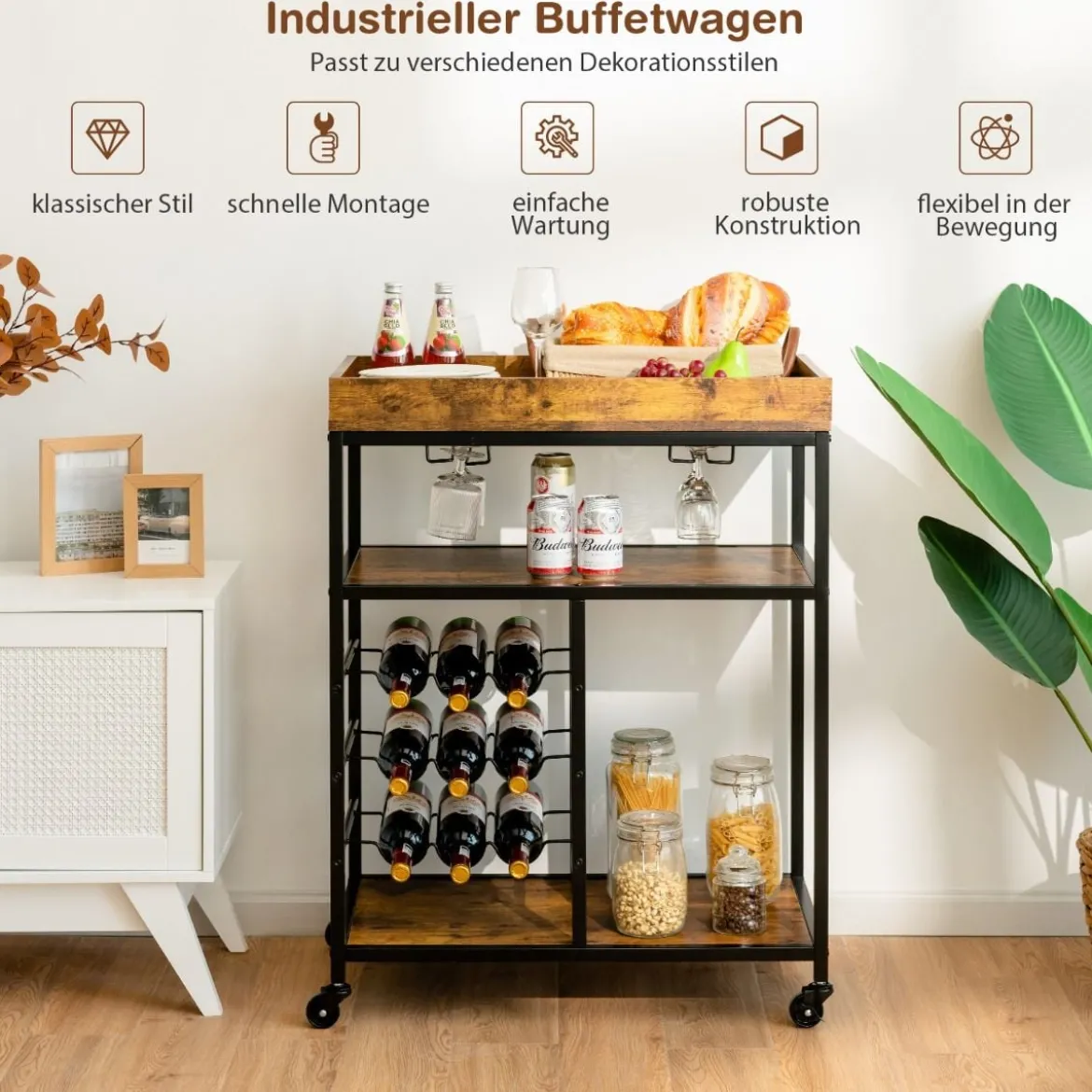 Servierwagen mit Rollen & Weinregal & Weinglashalter Küchenwagen Rustikales Braun