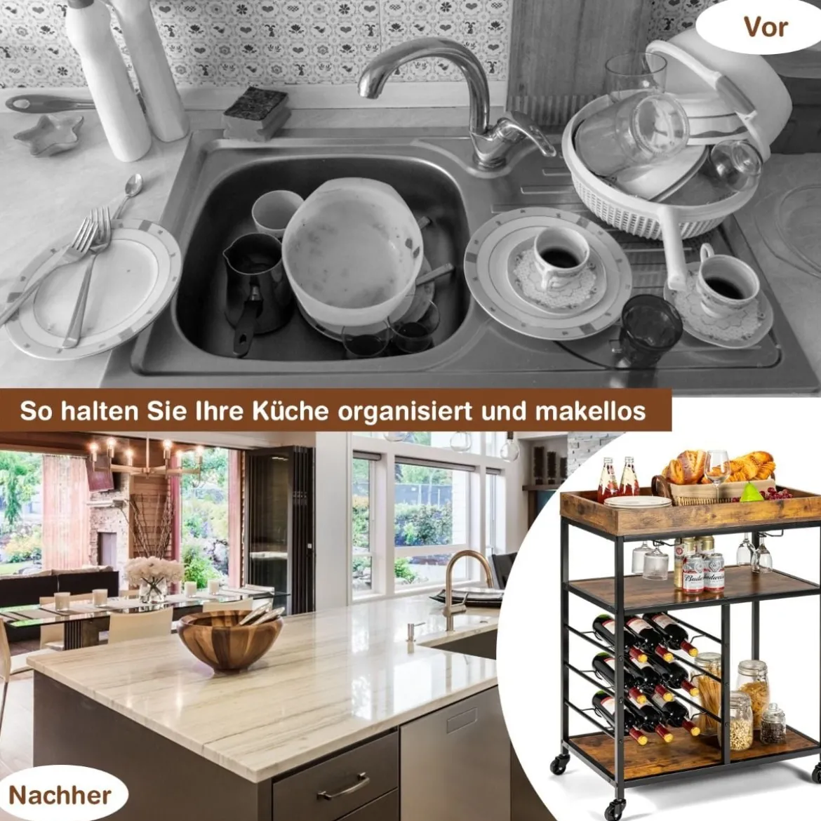 Servierwagen mit Rollen & Weinregal & Weinglashalter Küchenwagen Rustikales Braun