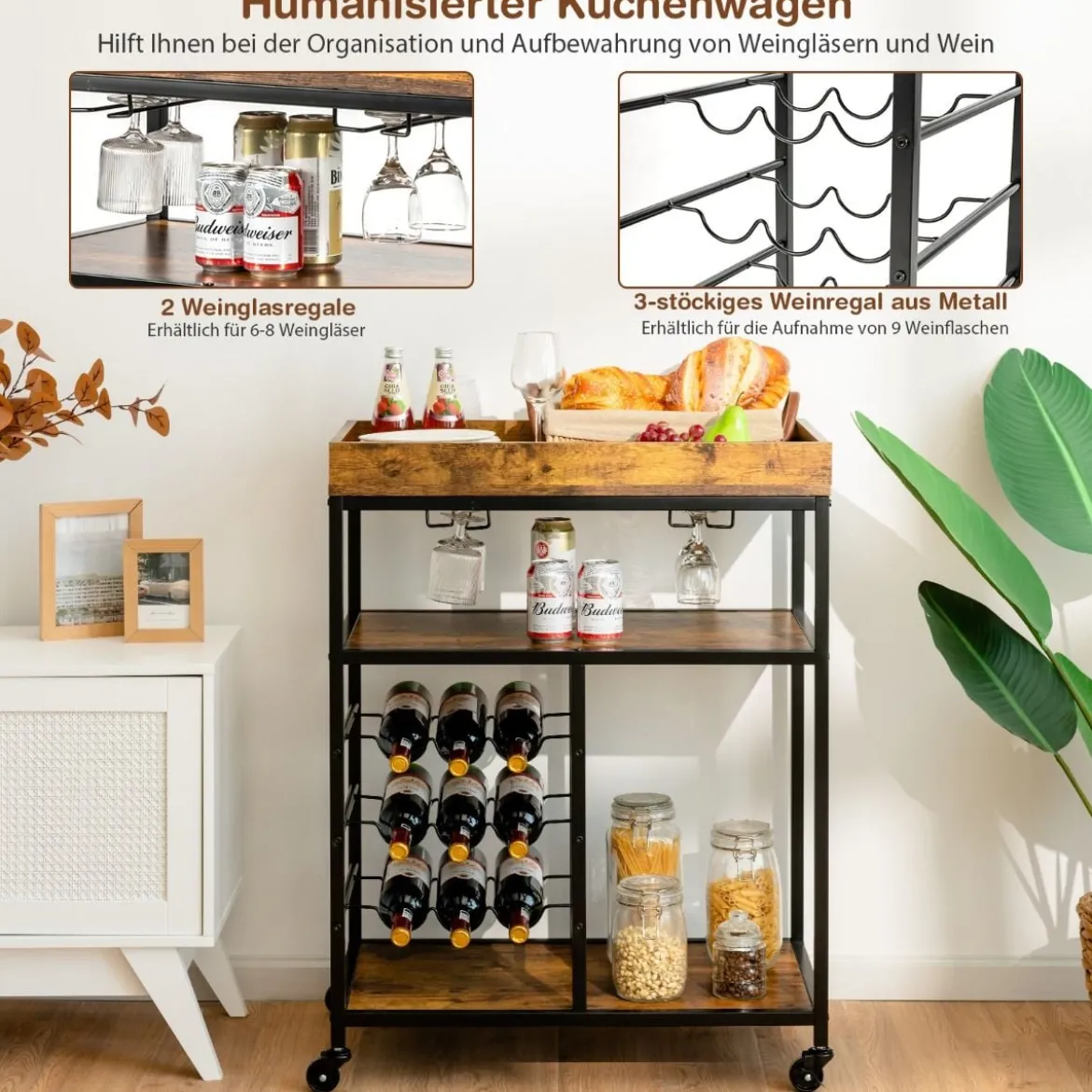 Servierwagen mit Rollen & Weinregal & Weinglashalter Küchenwagen Rustikales Braun