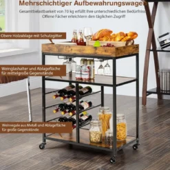 Servierwagen mit Rollen & Weinregal & Weinglashalter Küchenwagen Rustikales Braun