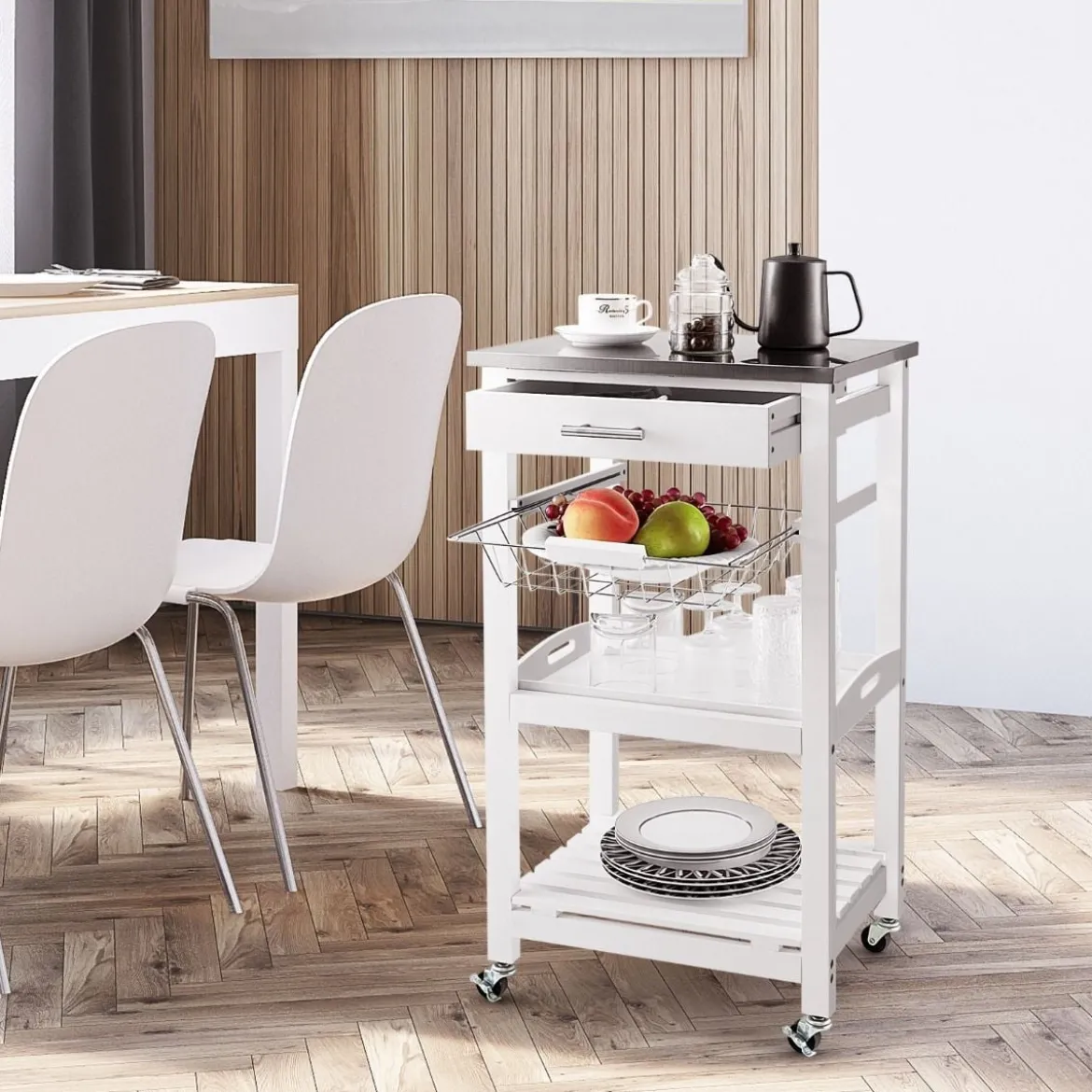 Servierwagen Rollende Kücheninsel mit Arbeitsplatte 47 x 39 x 85 cm Weiß