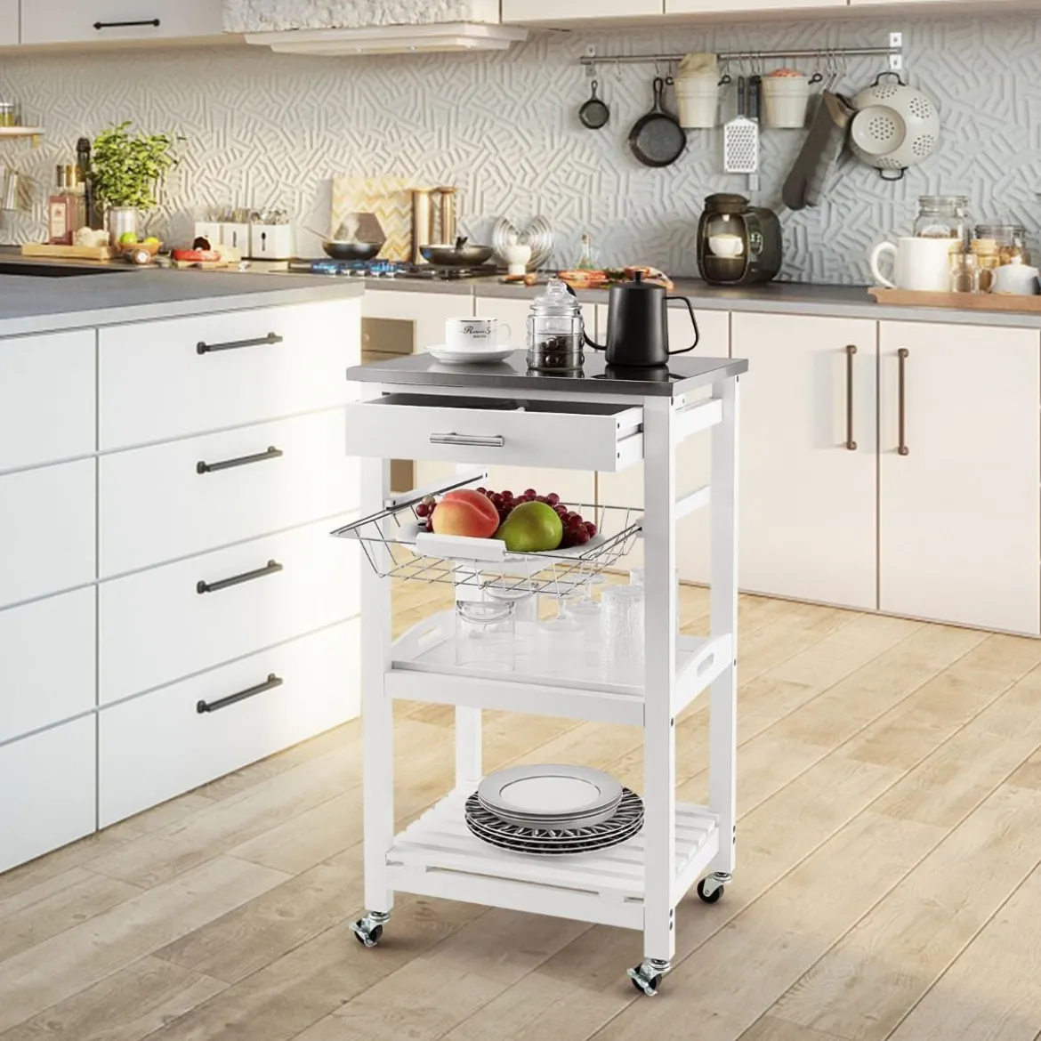 Servierwagen Rollende Kücheninsel mit Arbeitsplatte 47 x 39 x 85 cm Weiß