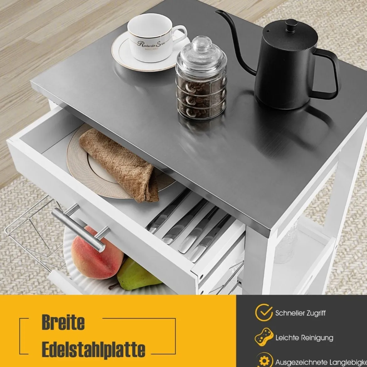 Servierwagen Rollende Kücheninsel mit Arbeitsplatte 47 x 39 x 85 cm Weiß