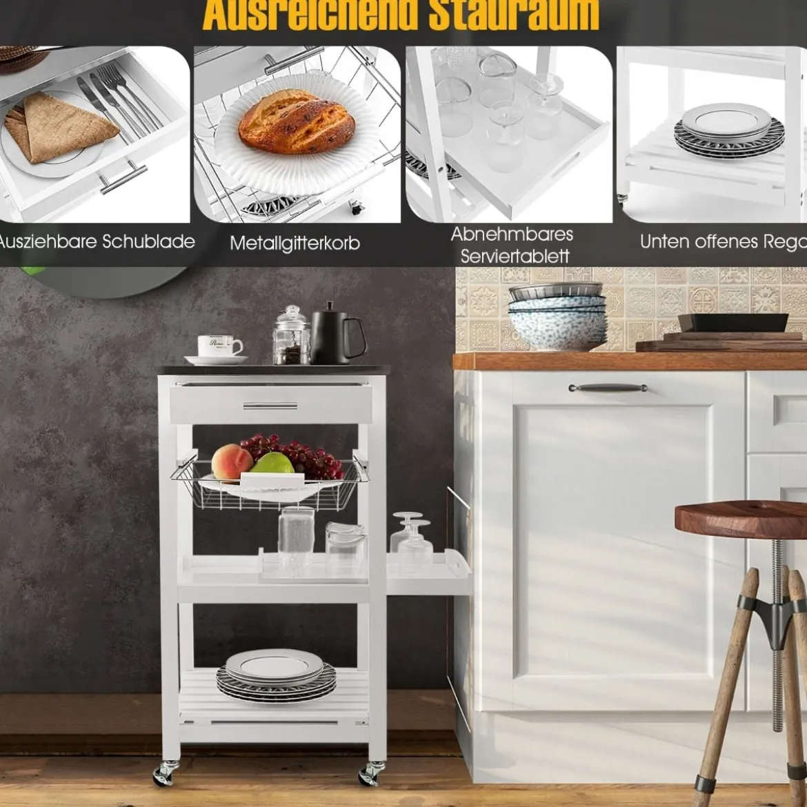 Servierwagen Rollende Kücheninsel mit Arbeitsplatte 47 x 39 x 85 cm Weiß