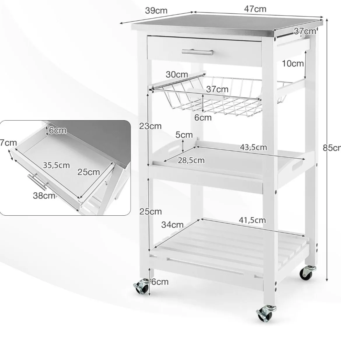 Servierwagen Rollende Kücheninsel mit Arbeitsplatte 47 x 39 x 85 cm Weiß