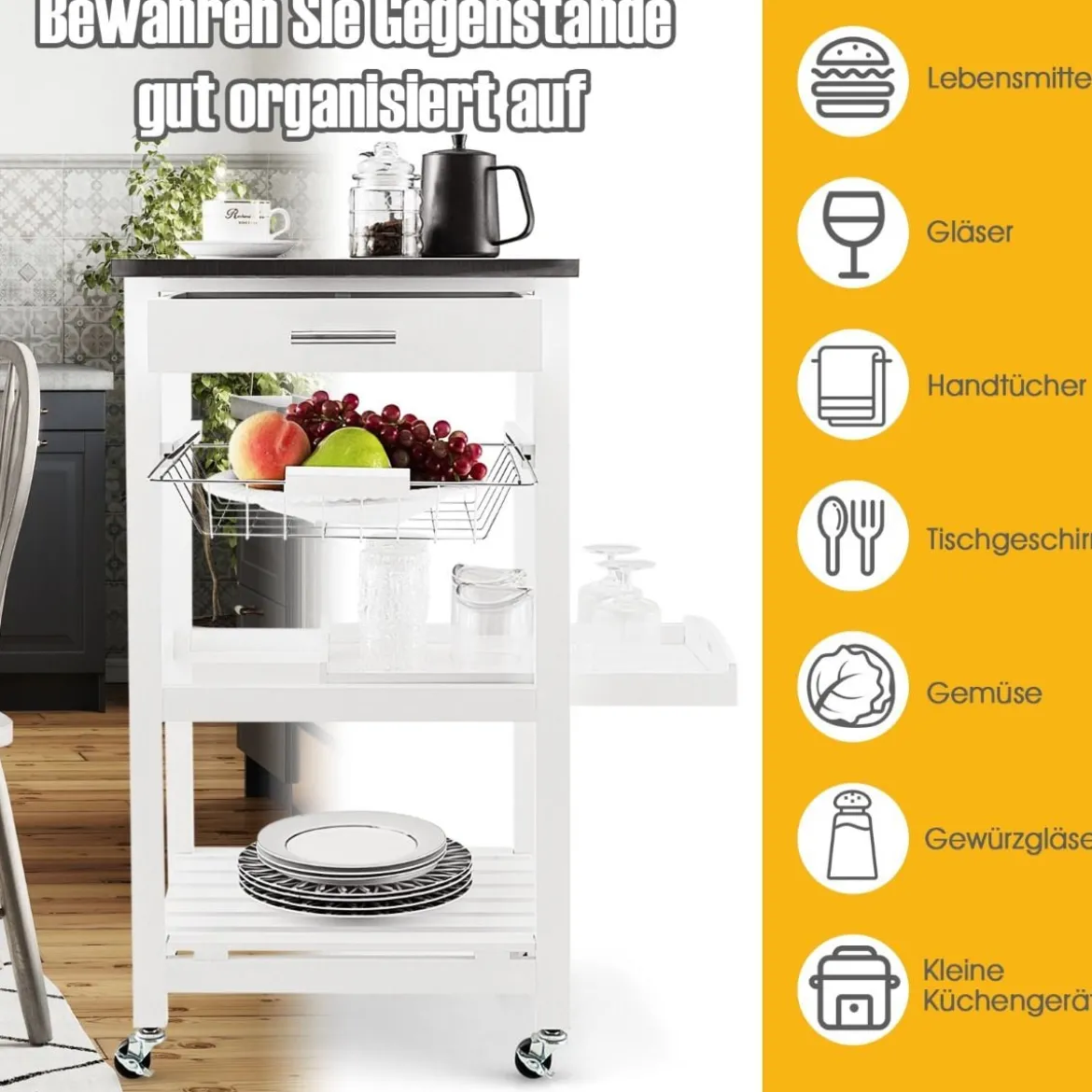 Servierwagen Rollende Kücheninsel mit Arbeitsplatte 47 x 39 x 85 cm Weiß