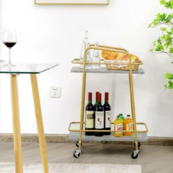 Servierwagen 2-Stöckiger Rollender Küchenwagen 36,5 x 60 x 82,5 cm Grau & Golden