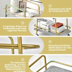 Servierwagen 2-Stöckiger Rollender Küchenwagen 36,5 x 60 x 82,5 cm Grau & Golden