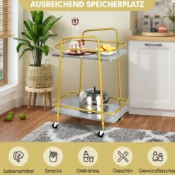 Servierwagen 2-Stöckiger Rollender Küchenwagen 36,5 x 60 x 82,5 cm Grau & Golden