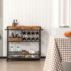 Servierwagen 3-Stufiger Rollender Barwagen mit Abnehmbarem Tablett 80 x 40 x 83 cm Rustikales Braun