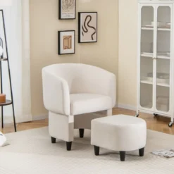 Sessel mit Fußhocker Gepolsterter Samtsessel Clubsessel Massivholz Beige