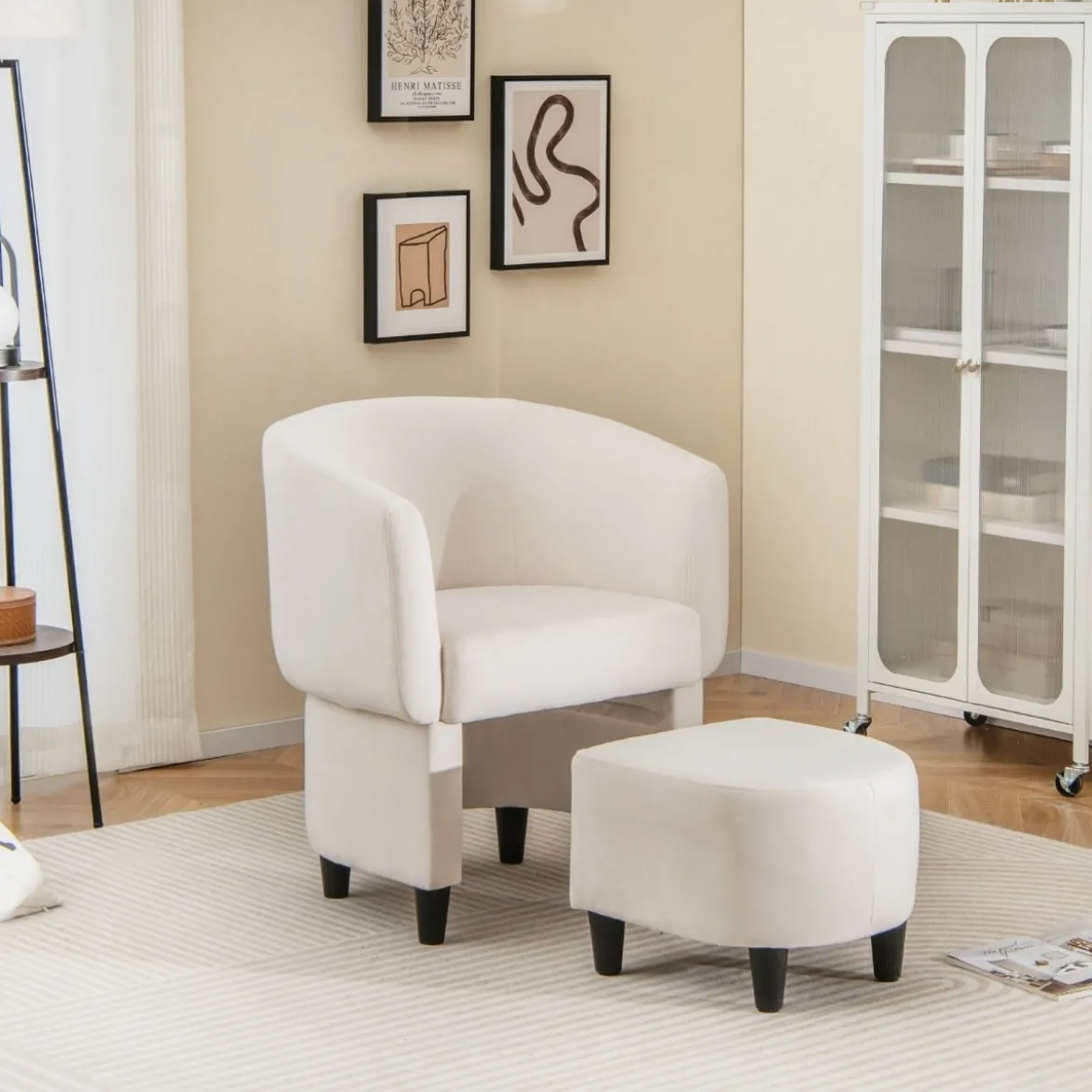 Sessel mit Fußhocker Gepolsterter Samtsessel Clubsessel Massivholz Beige
