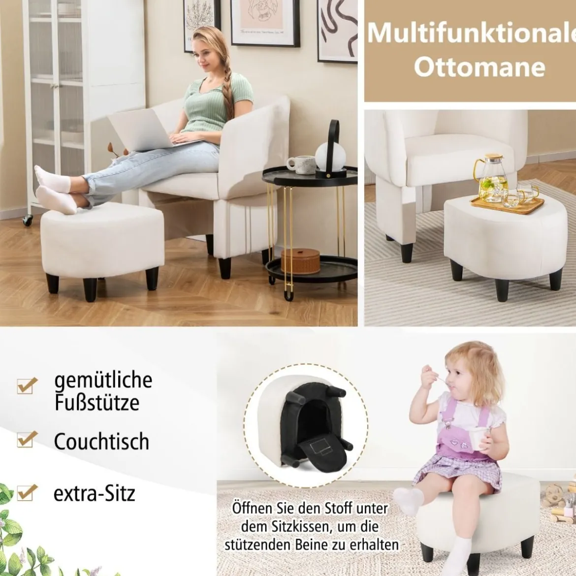 Sessel mit Fußhocker Gepolsterter Samtsessel Clubsessel Massivholz Beige