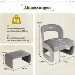 Sessel mit Hocker übergroßer Relaxsessel mit offenem Rücken und breiter Sitzfläche Grau