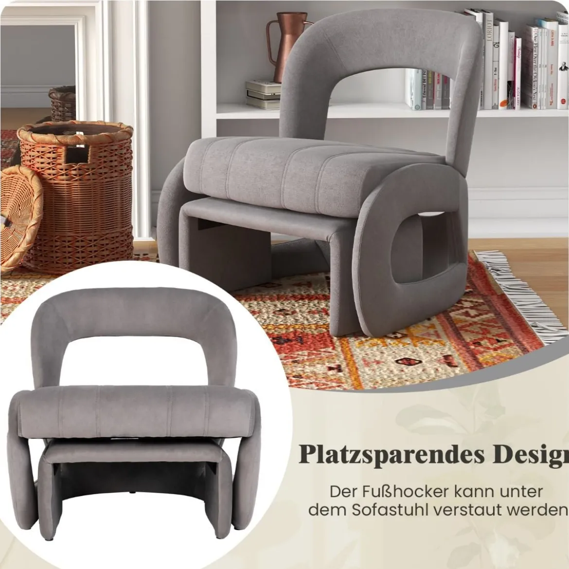 Sessel mit Hocker übergroßer Relaxsessel mit offenem Rücken und breiter Sitzfläche Grau