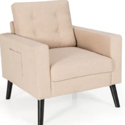 Sessel mit 2 Seitentaschen 53cm Sitztiefe Ohrensessel mit Armlehnen und Rückenkissen 75 x 81 x 86 cm Beige