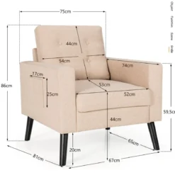 Sessel mit 2 Seitentaschen 53cm Sitztiefe Ohrensessel mit Armlehnen und Rückenkissen 75 x 81 x 86 cm Beige