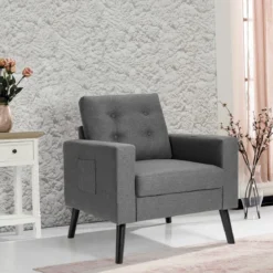Sessel mit 2 Seitentaschen Ohrensessel mit Armlehnen und Rückenkissen 75 x 81 x 86 cm Grau 53cm Sitztiefe