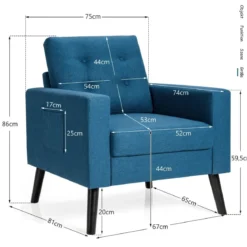 Sessel mit 2 Seitentaschen Ohrensessel mit Armlehnen und Rückenkissen 75 x 81 x 86 cm Blau 53cm Sitztiefe