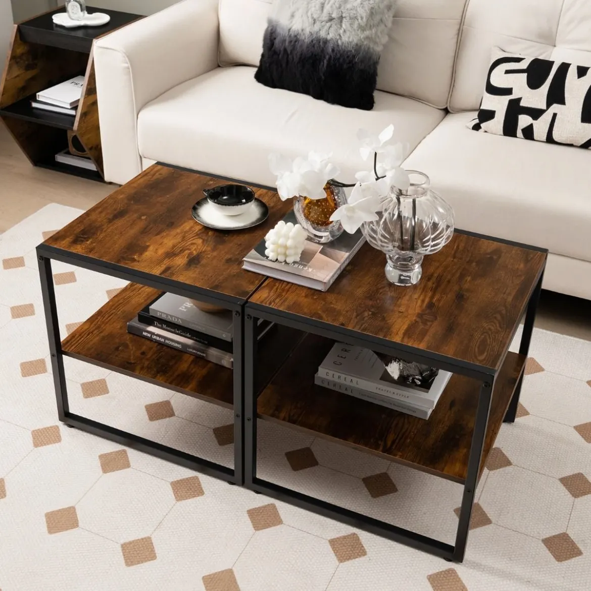 Set aus 2 Beistelltischen 2er Set Couchtisch mit Offenem Ablagefach Braun
