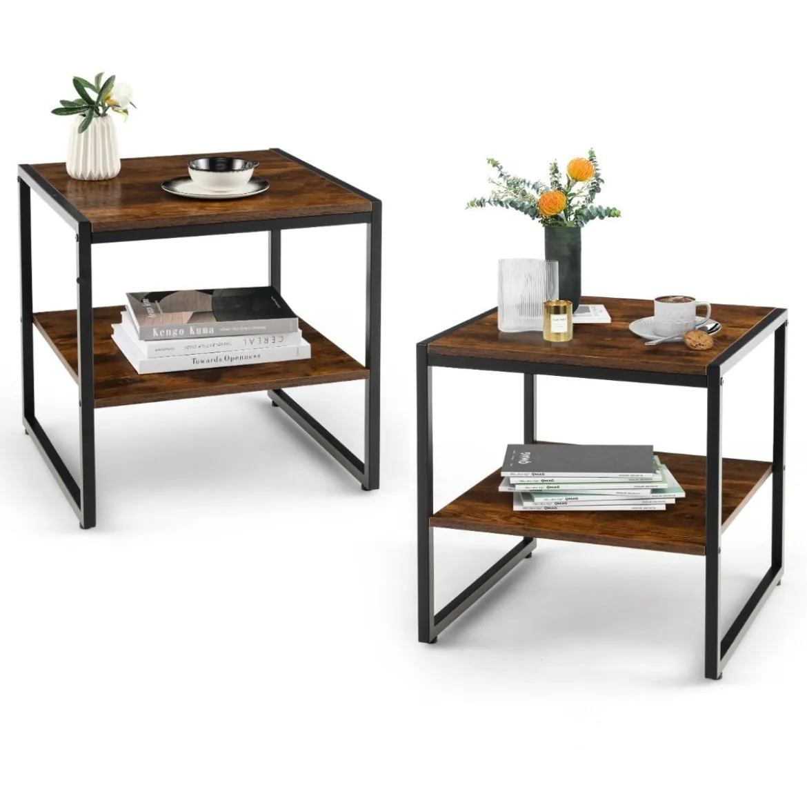 Set aus 2 Beistelltischen 2er Set Couchtisch mit Offenem Ablagefach Braun
