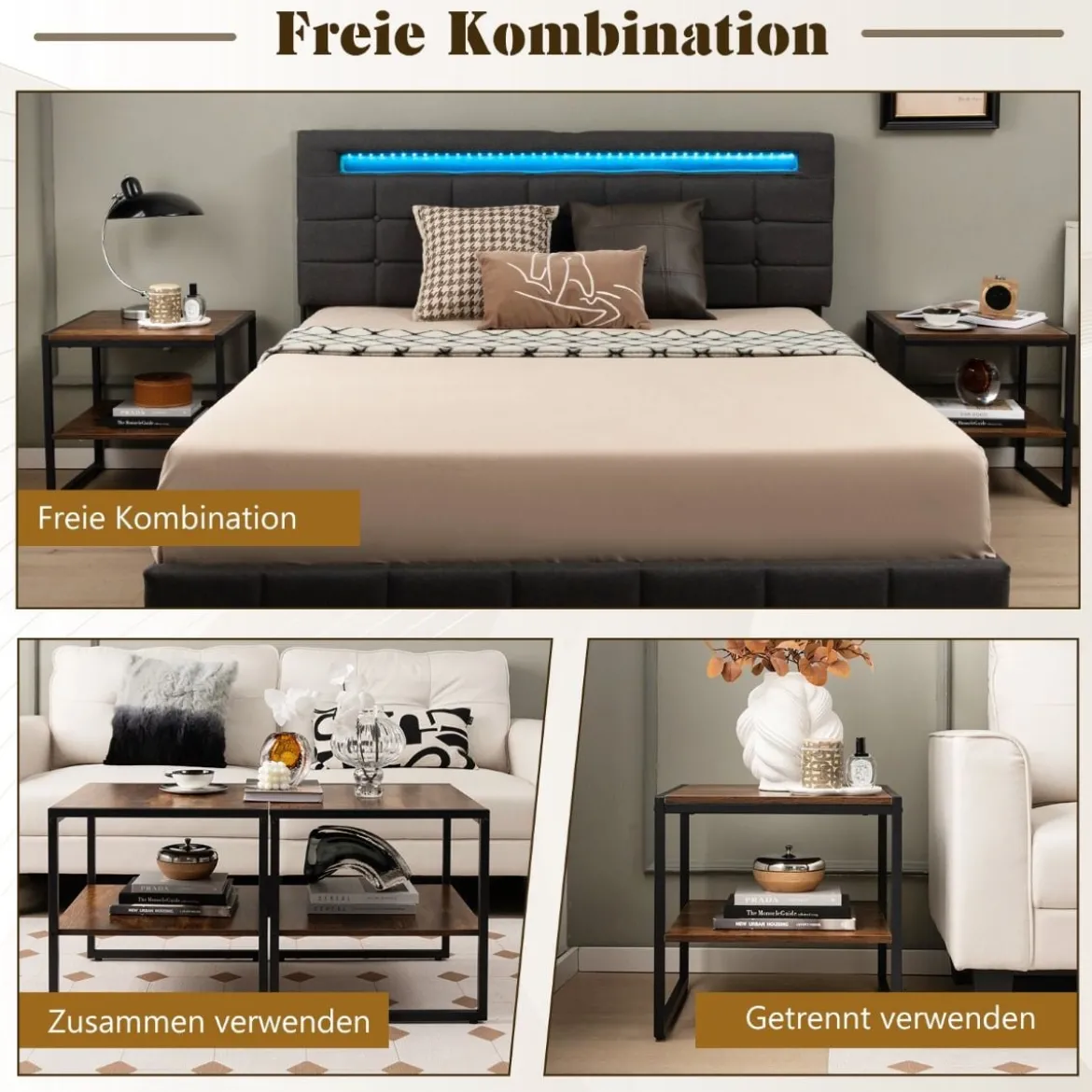 Set aus 2 Beistelltischen 2er Set Couchtisch mit Offenem Ablagefach Braun