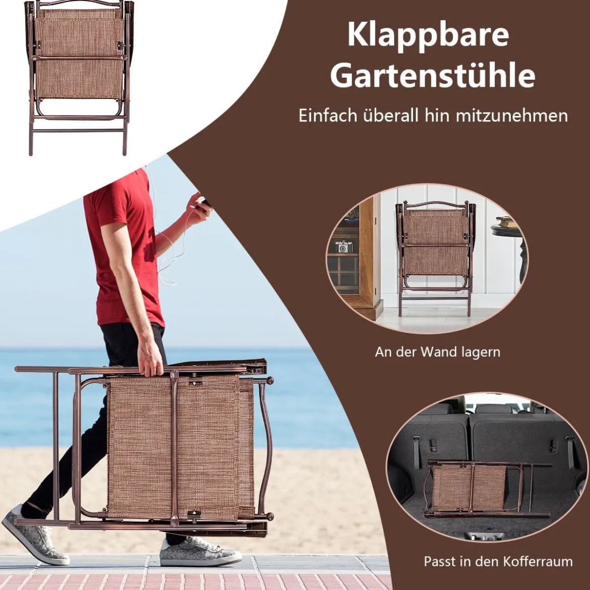 Set aus 2 Klappstühlen für die Terrasse klappbare Gartenstühle Braun