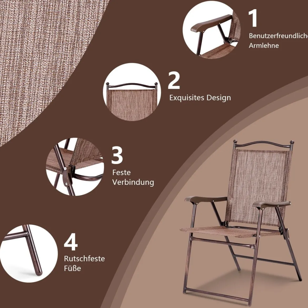 Set aus 2 Klappstühlen für die Terrasse klappbare Gartenstühle Braun