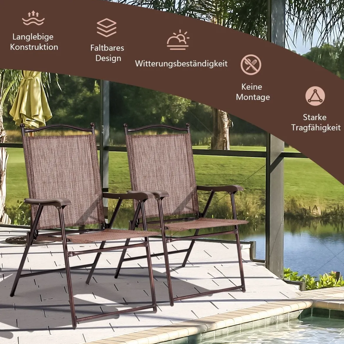 Set aus 2 Klappstühlen für die Terrasse klappbare Gartenstühle Braun