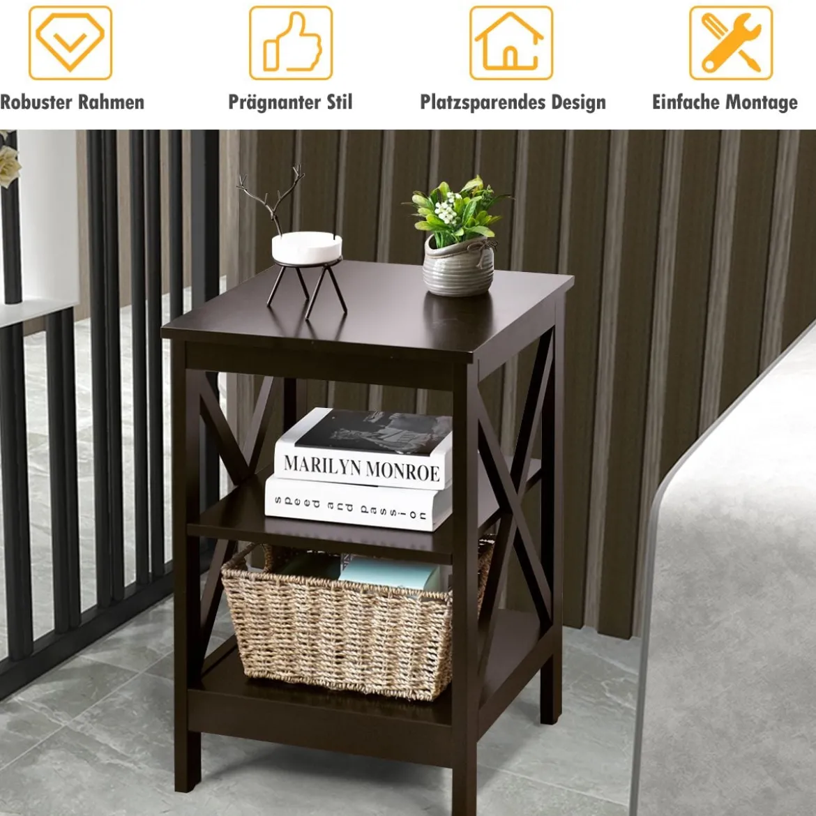 2 Set-Beistelltisch 3 Ebenen Sofatisch Quadratisch Nachttisch fürs Bett 40 x 40 x 61 cm Braun