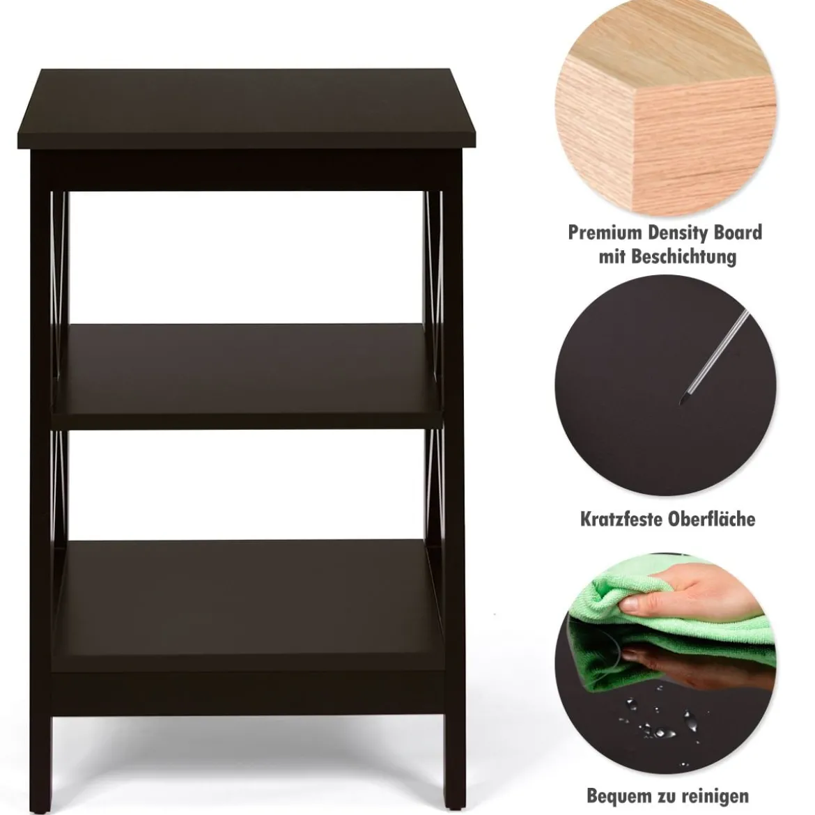 2 Set-Beistelltisch 3 Ebenen Sofatisch Quadratisch Nachttisch fürs Bett 40 x 40 x 61 cm Braun