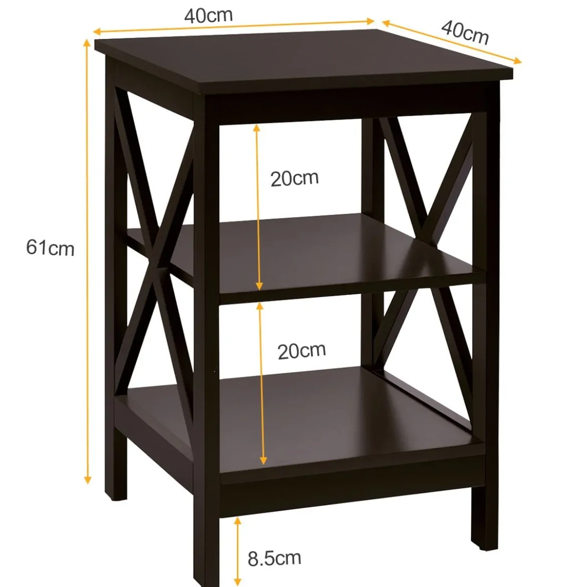 2 Set-Beistelltisch 3 Ebenen Sofatisch Quadratisch Nachttisch fürs Bett 40 x 40 x 61 cm Braun
