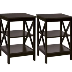 2 Set-Beistelltisch 3 Ebenen Sofatisch Quadratisch Nachttisch fürs Bett 40 x 40 x 61 cm Braun