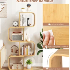 S-förmiges Bücherregal aus Bambus mit 4 Ebenen Standregal Würfelregal Büroregal 61 x 23 x 133,5 cm