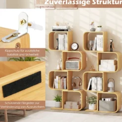 S-förmiges Bücherregal aus Bambus mit 4 Ebenen Standregal Würfelregal Büroregal 61 x 23 x 133,5 cm
