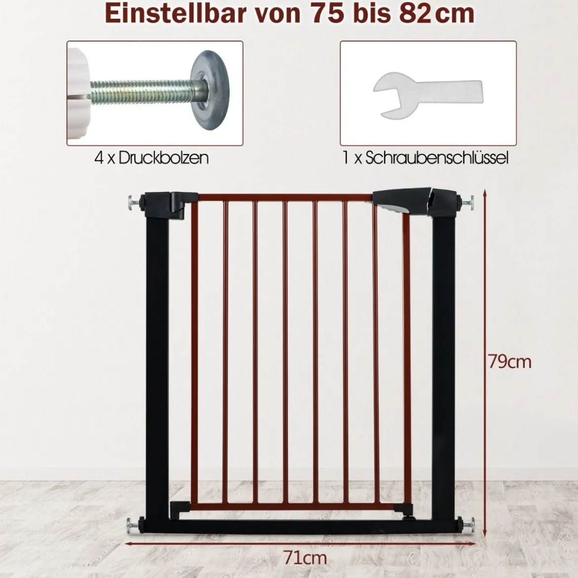 Sicherheitsgitter Haustiergitter mit Automatischem Schließen & Öffnen 71 x 4,5 x 79 cm Schwarz