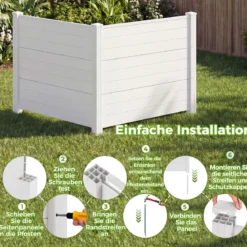 Sichtschutzzaun Gartenzaun mit 2 Paneelen wetterfester Lamellenzaun mit 3 Pfählen Weiß